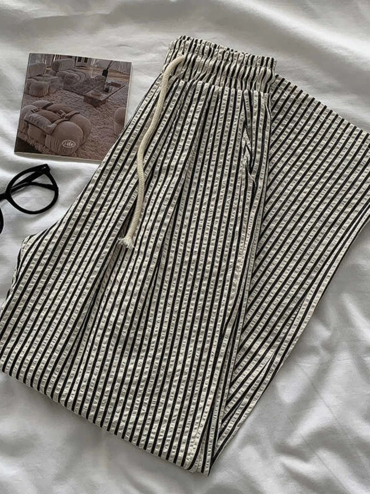 Korean Laid-ba Striped Drapey Casual Pants Women's High-waist Elastic Thin Straight Long Trousers Summer Faion Commute