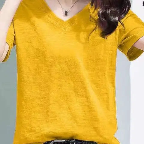 00% Pure Cotton Bamboo Rayon ort Sve Women's T-irt Loose Fit V-ne Summer Top Korean Sle plus Size f Sve