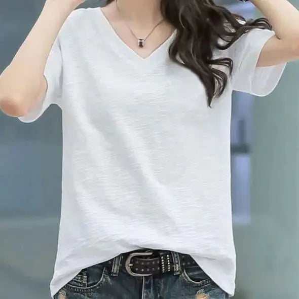 00% Pure Cotton Bamboo Rayon ort Sve Women's T-irt Loose Fit V-ne Summer Top Korean Sle plus Size f Sve