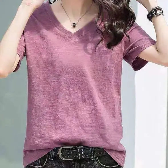 00% Pure Cotton Bamboo Rayon ort Sve Women's T-irt Loose Fit V-ne Summer Top Korean Sle plus Size f Sve