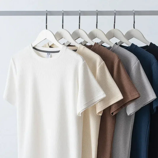 Men's T-Shirts Summer Waffle Round Neck Short Sleeve T-Shirt Comfortable Breathable Short-Sleeved Tops & Tees