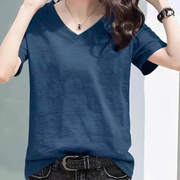00% Pure Cotton Bamboo Rayon ort Sve Women's T-irt Loose Fit V-ne Summer Top Korean Sle plus Size f Sve