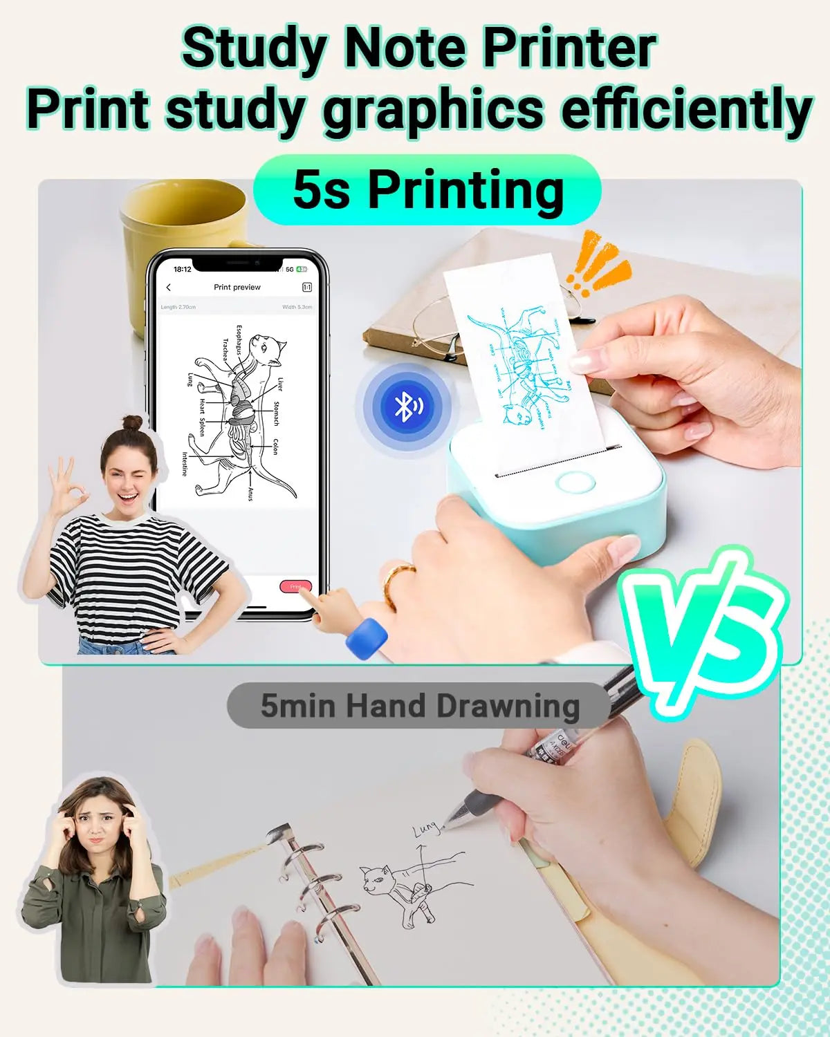 X6 Portable Mini Printer Thermal Printer Sticky Wireless Inkless Pocket Printer Self-adhesive Label Printer Color On Clear Paper