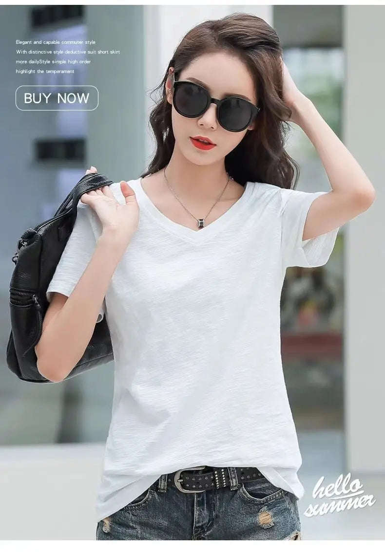 00% Pure Cotton Bamboo Rayon ort Sve Women's T-irt Loose Fit V-ne Summer Top Korean Sle plus Size f Sve